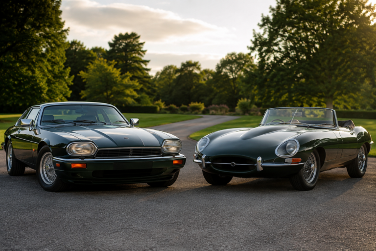Dark green Jaguar XJS and Jaguar E-Type side by side for comparison on a tree-lined driveway